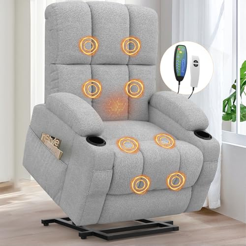 Srfzluxy Lift Chair for elderly, Recliner Armchair with Massage and Back Heating, Extended Footrest, Reclining Sofa Chairs with Type C+USB, 2 Cup Holders & 4 Sides Pockets