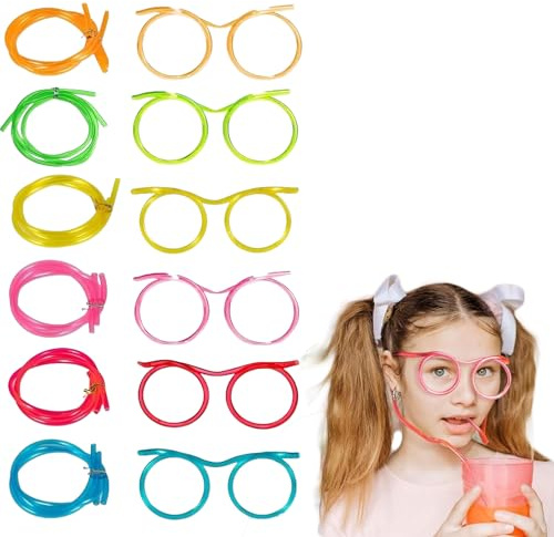 Lot de 12 pailles bouclées réutilisables en plastique coloré avec motif amusant de lunettes – Accessoires de fête amusants pour enfants et adultes – Idéal pour le jus, le lait, l'eau, les boissons