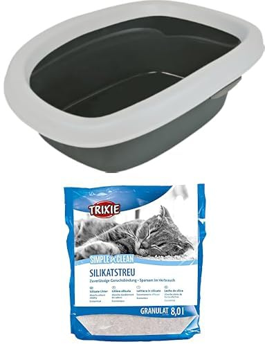 Bundle aus TRIXIE Katzentoilette Carlo und Simple'n'Clean Granulat Silikatstreu 8 l - leicht zu reinigende Katzentoiletten mit abnehmbaren Rand geruchsneutralisierendes Katzenstreu