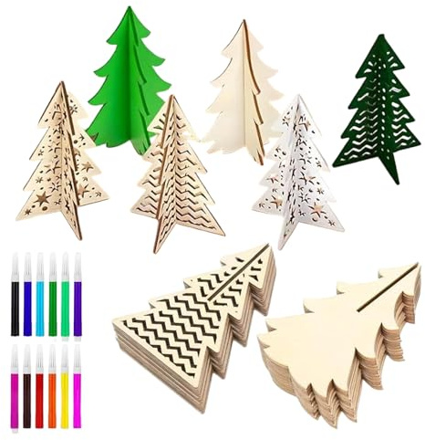 Lot de 48 arbres de Noël en bois brut 3D avec marqueurs colorés pour peinture, décorations de table de vacances d'hiver pour et adultes