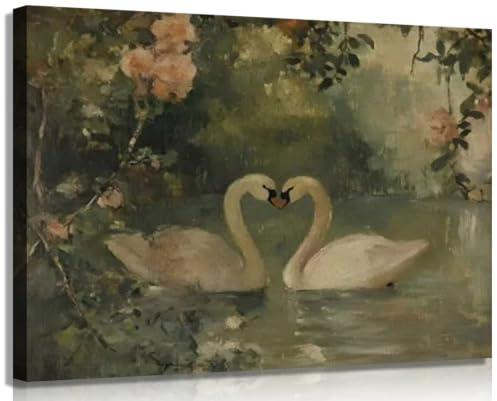 LZJAGXX Vintage-Schwanenbild, Kunstdruck in Salbeigrün, Landhausstil, ästhetisches Leinwandbild für Wohnzimmer und Schlafzimmer (50 x 70 cm/Leinwand aufgespannt)