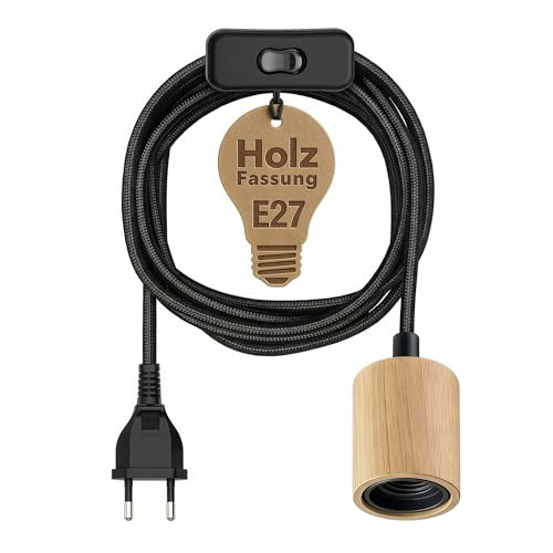 ledscom.de Textilkabel KIVO, Stecker, Schalter, schwarz/hellbraun, 3m, Echtholz Lampen-Fassung, 1x E27 max. 60W