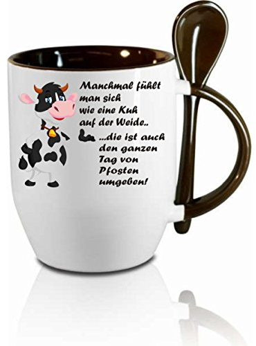 Tasse mit Löffel Manchmal fühlt am sich wie eine Kuh auf der Weide... Löffeltasse, Kaffeetasse mit Motiv,Bürotasse, bedruckte Tasse mit Sprüchen oder Bildern