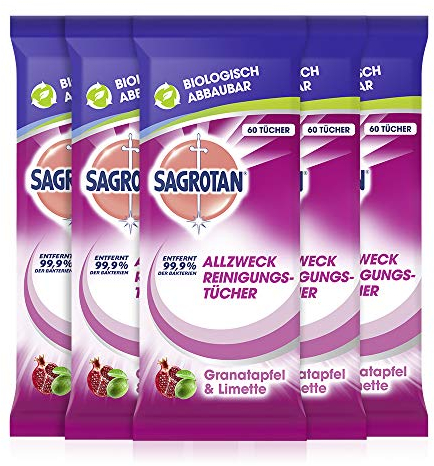 Sagrotan Allzweck-Reinigungstücher Granatapfel und Limette, antibakterielle Reinigung, 5er Pack (5 x 60 Stück)