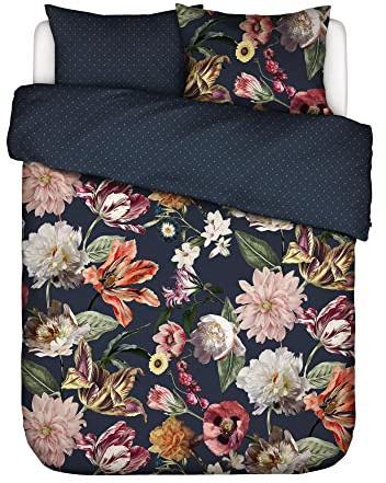 ESSENZA Bettwäsche Filou Dunkelblau Blumen Blüten Floral Geblümt Sterne Satin, Größe:200 cm x 200 cm