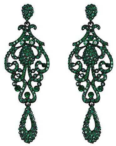 EVER FAITH Mujer Cristal Austríaco Boda Vintage Flor Patrón Ahuecado Pendientes Verde Tono Negro