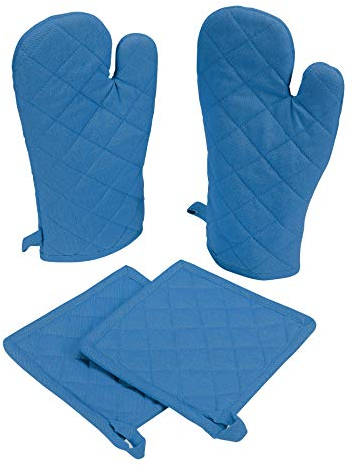 Native Fab Set di 4 - Guanti da Forno Cucina Professionale Resistenti al Calore 2 e 2 Presine da Cucina, Cotone, Termoresistente, Antiscivolo, Lavabile in Lavatrice - Blu