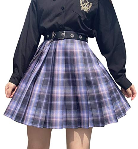 Minetom Damen Kariert Kilt-Rock Faltenröcke Tartan Minirock Hohe Taille Kurz Skirt Skater Rock Informell Mini Glocken Rock Violett L