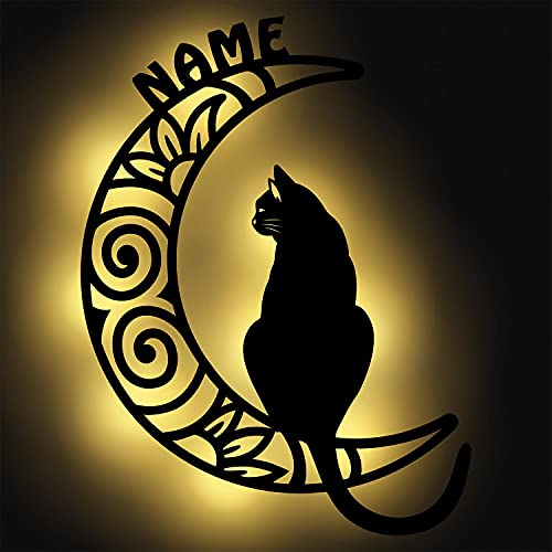 Nachtlicht Katze auf Mond Design XXL Groß aus Holz für Kinder & Erwachsene Geschenke Personalisiert I Batteriebetrieben