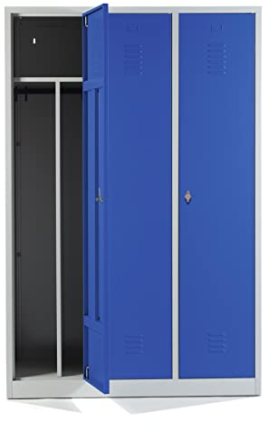 Schrank & Stuhl Spind – Metallspind mit 3 Abteilen in 180 x 120 x 50 cm, inkl. Hutboden, Trennwand und Drehriegelverschlüssen, Lieferung komplett montiert, Grau/Blau