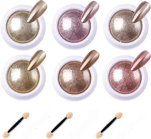 6 Box Rose Gold Chrome Nail Powder, Metallic Chrome Powder with 6Pcs Eyeshadow Sticks, for Nail Art Decoration