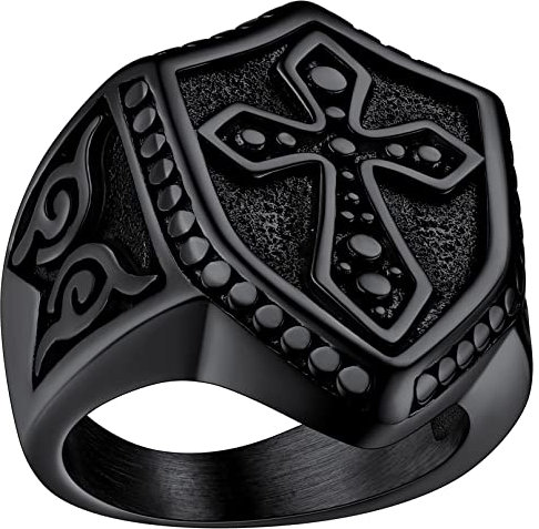 FaithHeart Fingerring für Herren Jungen Schwarz Schild Ring in Ringgröße 59 Tempelritter Kreuz Ring Vintag Partnerring Eherring Freundschaftsring
