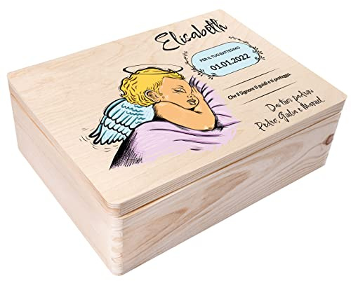 Creative Deco Personalisiert zur Taufe Geschenk für Mädchen und Junge - Engel Motiv Deko | Holzkiste Erinnerungsbox | Individuelle Geschenk Spielzeugkiste Holzbox mit Deckel | Spardose