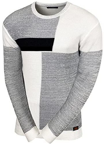 Baxboy Herren Pullover Slim Fit Rundhals Strick-Pullover Rundkragen Moderner Männer schwarzer Pulli Longsleeve in Feinstrick Sweatshirt BB-52288, Farbe:Grau/Weiß, Größe:L