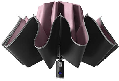 Inverted Umbrella with Reflective Stripe Automatic Umbrella Compact Waterproof Reverse Umbrellas Folding Business Umbrella Flashlight Safer Golf Umbrella for Men Women Family (Color : Pink)
