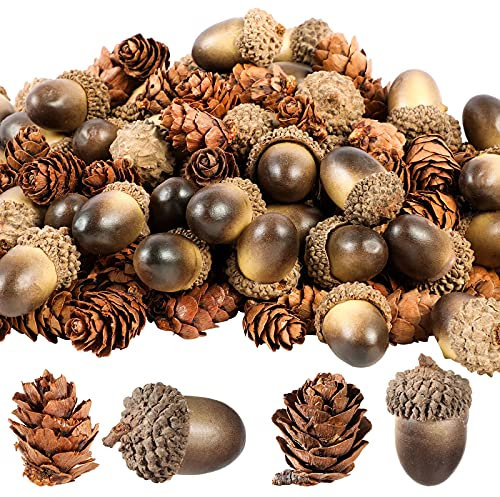 Lot de 300 mini pommes de pin artificielles naturelles pour Thanksgiving - Petit gland réaliste avec capuchon naturel - Accessoire pour remplissage de vase, automne, Noël, maison