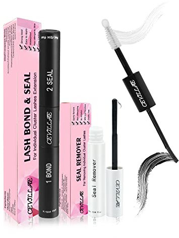 Lash Bond and Seal with Remover, Cevillae Eyelash Glue and Lash Remover for Individual Cluster Lashes Extensions, Waterproof Strong Hold 48Hours Eyelashes Adhesive & Remover for False Eyelashes