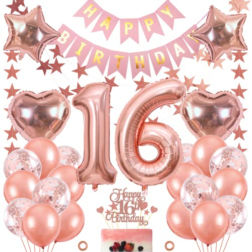 Jxuzh 16. Geburtstag Dekoration Mädchen Deko 16. Geburtstag Mädchen Luftballon 16. Geburtstag Rosegold Geburtstagsdeko 16 Rosegold Happy Birthday 16 Geburtstag Deko 16 Jahr Geburtstag Mädchen 33pcs