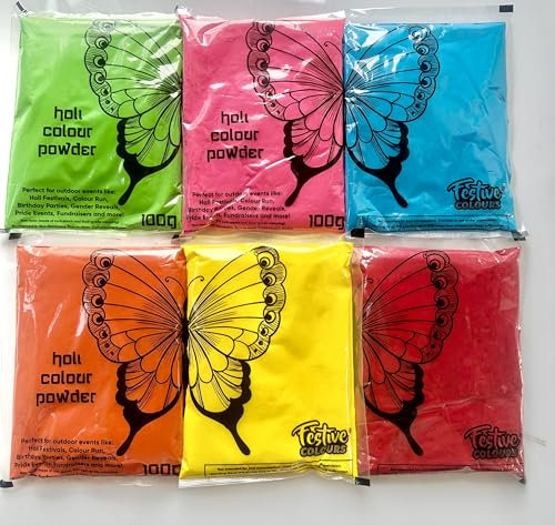 6 X100gms Holi Coloured Powder for Colour Run, Gender Reveal and Various Art
