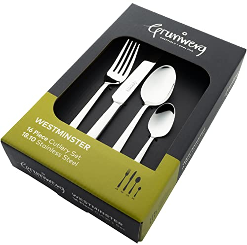 Grunwerg Westminster 16 Piece Boxed Mirror Cutlery Set, 18/10 Stainless Steel, 4 x Table Knives, Table Forks, Dessert Spoons, Teaspoons