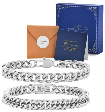 VNOX Mens Bracelets 2 Pcs Bracelets for Men Stainless Steel Bracelet Cuban Link Chain Bracelet,Gifts for Him Dad Boyfriends,Silver 21