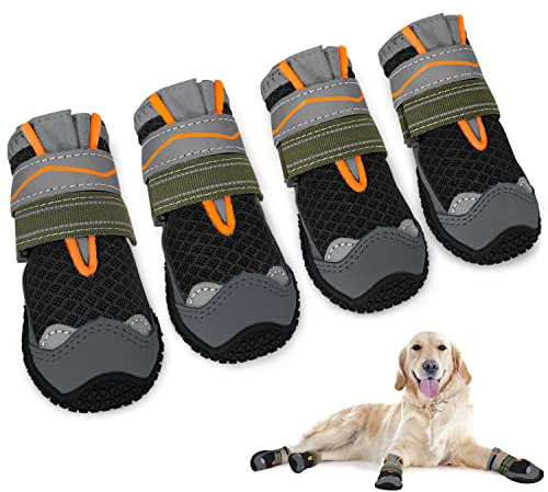 SlowTon Hundeschuhe Pfotenschutz, 4 Stück atmungsaktive Hunde Schuhe Outdoor mit Rutschfester Sohle, verstellbarem reflektierendem Klettverschluss Hundestiefel für kleine, mittlere und große Hunde