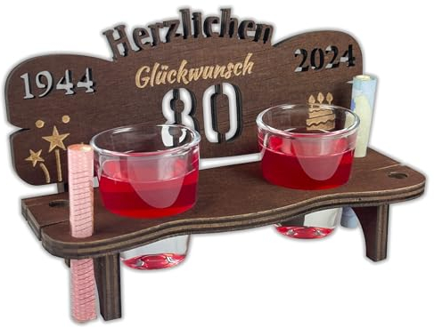 Urhome Schnapsbank mit Jahreszahl 80 Gravur zum Geburtstag, Jubiläum, Jahrestag aus Holz - 2 Schnapsgläser - 80 Jahre Dunkel Braun