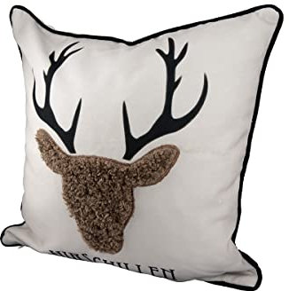 GILDE Kissen Hirschillen Creme/braun/schwarz mit Hirschkopf, Rückseite aus Samt 100% Polyester mit Reißverschluss bei 30 Grad waschbar H: 45 cm B: 45 cm 47409
