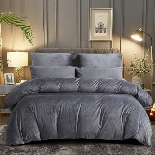 DXHOME Coral Fleece Winter Bettwäsche 155x220 Winter Grau Warm Weiche Kuschelige Flauschig Coral Fleece Samt Bettwäsche Set Bettbezug mit Reißverschluss und 2 Kissenbezüge 80 x 80cm