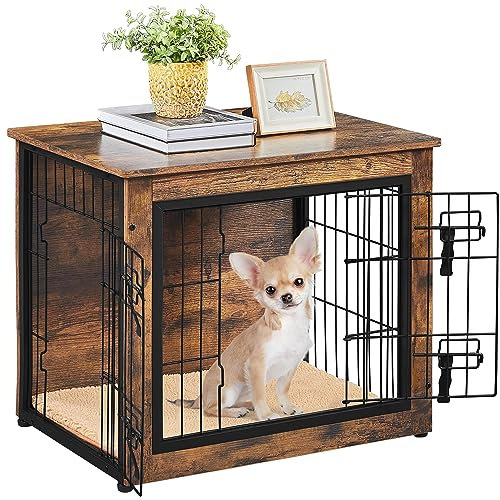 Yaheetech Indoor Dog Crate Furniture End Table with Cushion & Double Doors for Puppies Chihuahuas, Yorkshires, Pomeranians, Small Dog Cage ，69x51x61 cm, Rustic Brown