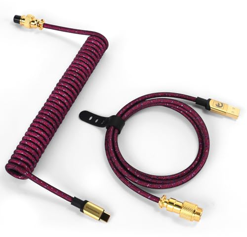 MAMBASNAKE C03 Coiled USB C Cable for Gaming Keyboard, Nylon Braided Mechanical Keyboard Cable with Detachable Aviator, Double-Sleeved, Pro HyperSpeed Type C Cable with 8KHz Return Rate -RoseRed