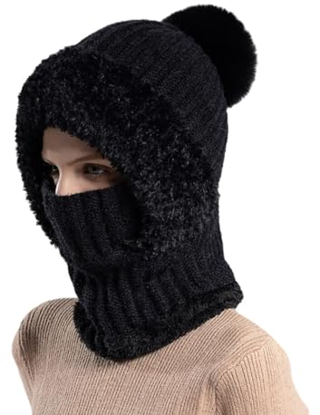 Schalmütze Damen,Winter Damen Strickmütze mit Ohrenschutz Warm Skimütze mit Schal Winter Sturmhaube Baseball Mütze Wintermütze mit Bommel Wintermütze mit Plüschfutter Outdoor Radfahren Skifahren