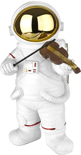 Brubaker Dekofigur Astronaut Geiger - 20 cm Weltraum Figur mit Geige und Chrom Helm - Handbemalte Moderne Raumfahrt Statue für Musiker - Weiß und Gold - Indoor