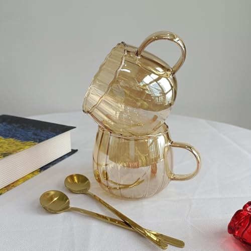 RYHMHA Coffee Mugs Set (2 Mugs+2 Spoons), 350ml,Drinking Glasses with Handle, Clear Glass Cups for Hot or Cold Drinks Like Cappuccino, Latte, Cocoa and Tea (Amber)