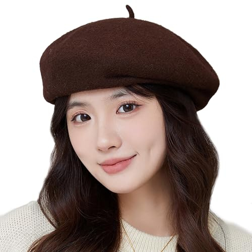 CEAeis Stilvolle Tweed-Baskenmütze, französische Baskenmütze aus Wolle, einfarbige, warme Beanie-Mütze für Damen und Mädchen (Brown)