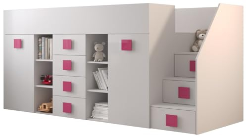 MEBLE KRYSPOL Toledo 3 Hochbett für Kinder, Jugendliche mit Stauraum - Etagenbett mit Schreibtisch, Kleiderschrank, Regal, Schubladen, Treppe - 248,5x93x123 cm - Weiß, Weiß, Rosa