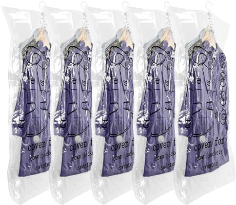 MILEBAS Bolsas colgantes de almacenamiento al vacío, 5 unidades, bolsas de ropa ahorradoras de espacio (110 x 70 cm), bolsas de sellado al vacío para ropa para chaquetas, trajes, vestidos, ropa,