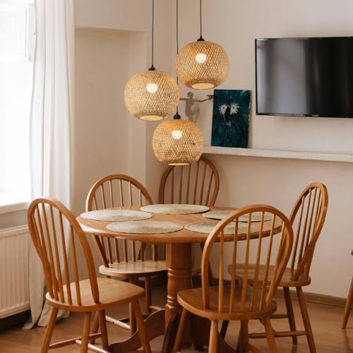 COOYO Vintage Bambus Lampe Rattan Kronleuchter Hand-geflochtenen Lampenschirm Geeignet Für Esszimmer Und Haus Dekoration (Glühbirne Nicht Enthalten)