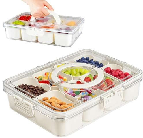 Leerweii Snack Tray with Lid and Handle, 8 Compartment Divided Serving Tray Portable Snack Box with Compartments Divided Platter for Veggie, Fruit, Candy, Nut, Spices for Picnic Party Travel