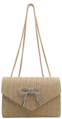TOFBS Schultertasche für Damen Schmetterling Strasssteine Stroh Clutch mit Kette Stilvolle Umschlag Geldbörse Basttasche für Party Hochzeit Bankett Feiertage(Khaki)
