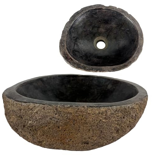 Lendo Online Lavabo Ovalado - Cuenca de Piedra de Río - Fregadero para baño - Forma y color únicos - Piedra Natural - Pulido y sólido (Marrón/Oxidado, 30-35x25-30cm)