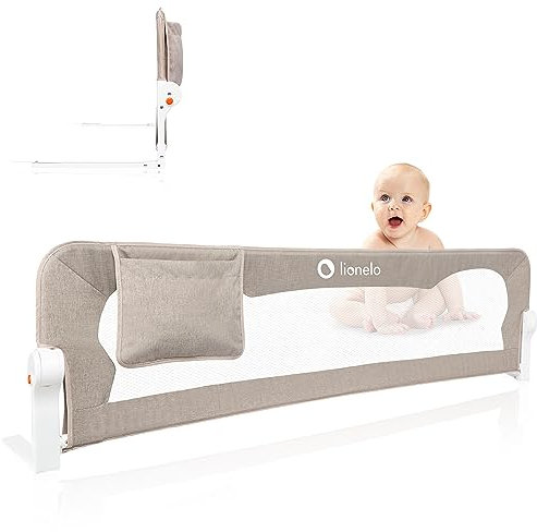 lionelo Eva-Bettgitterschutz, 150 x 42 cm, faltbar, 180° mit Neigungsverstellung, Netzgewebe, Sicherheitsgurte, Sicherheitsbarriere für Kleinkinderbett mit Sicherheitsschloss, Aufbewahrungstasche,