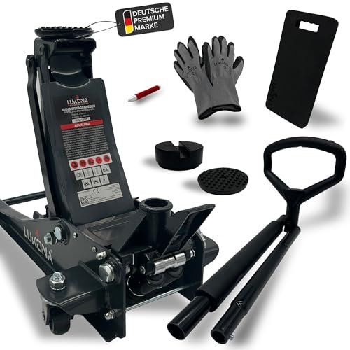 LUKONA® Hydraulischer Wagenheber 3T (83–500 mm) – Extra Fußpedal, D-Griff, inkl. Reifenstift, Knieschoner & Handschuhe – Rangierwagenheber für PKW (Anthrazit)