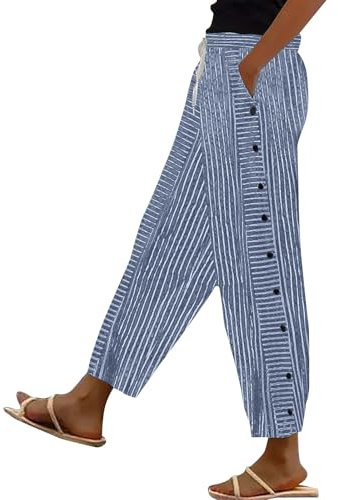 Pantalon en lin rayé avec cordon de serrage pour femme - Pantalon ample décontracté à jambe large - Pantalon de jogging avec poches - Pantalon sarouel d'été - Petit pantalon, bleu, 3XL