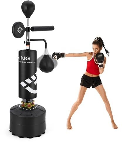 Sac de Frappe 5 en 1, Sac de Boxe Lourd Hauteur Réglable pour Adultes et Enfants, avec Barre de Relaxation à 360° Cible de Frappe 2 Sacs de Vitesse pour Muay Thai Kickboxing