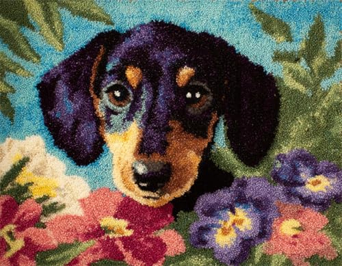WallustrioaW Tier Hund DIY Riegel Haken Kits,Dackel in Blumen,Kreuzstich-Knotenteppich,Häkelteppich für Anfänger,Erwachsene und Kinder DIY-Teppich-Stickset,52x38cm