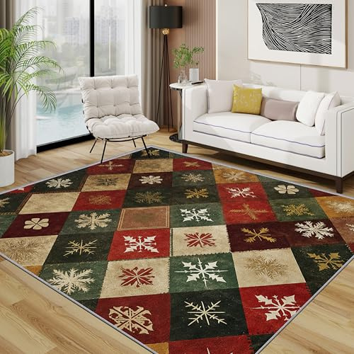 TerroVee Weihnachten Teppich Waschbar, Weihnachtsteppich Teppich 80x150 cm, Shabby Chic Schneeflocken rutschfest Waschbar Pflegeleicht Teppiche Für Schlafzimmer Küche, Rot Grün Beige