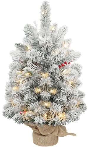 HOMCOM 60 cm Prelit Small Christmas Tree with 35 LED Lights, Snow Flocked Tabletop Mini Xmas Tree with 72 Dense Branches, Pine Cones, Berry Clusters and Linen Cover Base, Battery Operated, Green