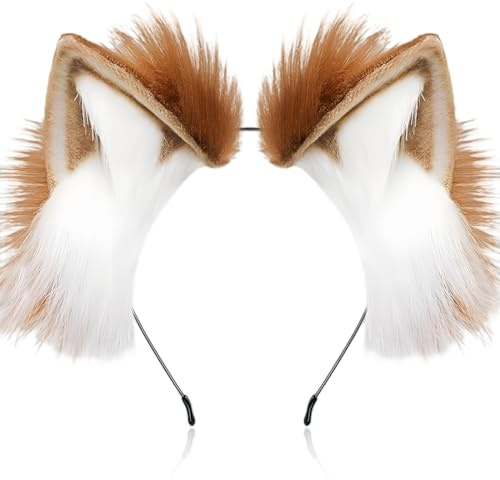 YAZWUR 1 pièce Serre-tête avec Fox Ears, Serre-Tête Oreille de Renard d'Halloween, Oreille de Loup, Deguisement Loup Garou, Serre-Tête Fait Main en Fausse Fourrure pour Halloween, Cosplay