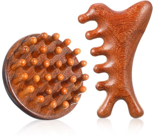 2 Stück Holz Kopfhaut Massagebürste, Sandelholz Kopfmassage Bürste Tragbares Manuelles Haarmassagebürsten Gua Sha Kamm für Männer und Frauen Nass Trocken Stimulieren das Haarwachstum